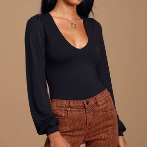 Black V-Neck Balloon Sleeve Bodysuit